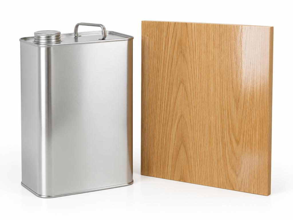 Clear lacquer tin beside a satin oak panel